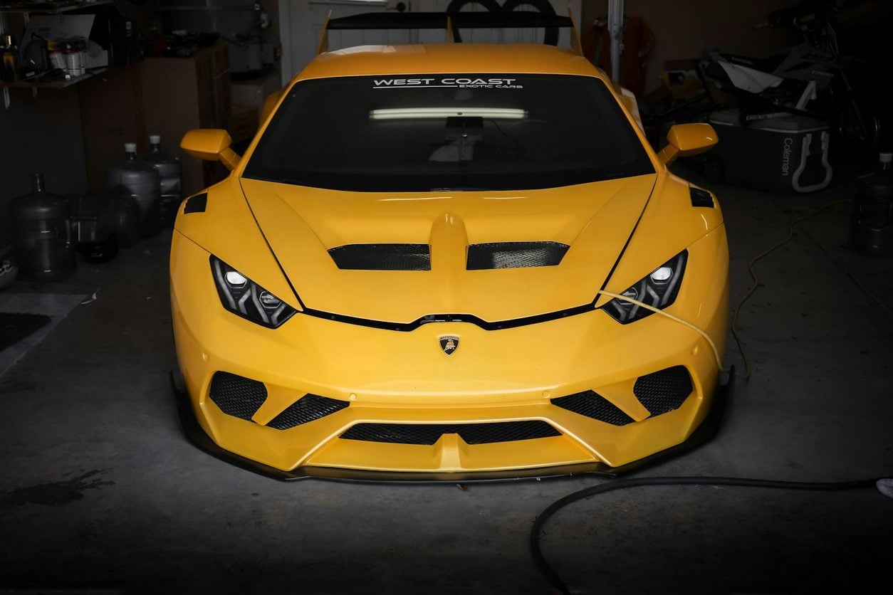 Yellow Lamborghini Huracan in a West Coast garage
