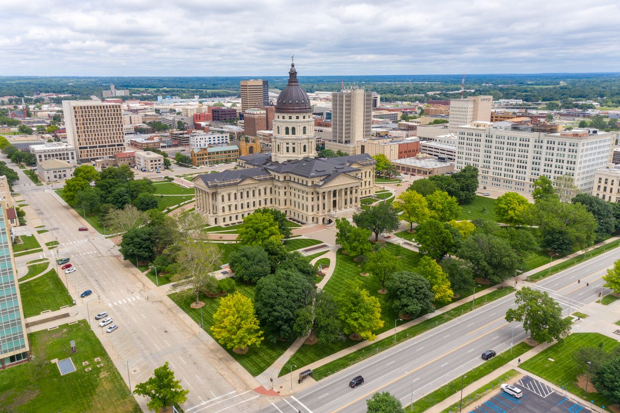 Aerial view of the state capitol building in Topeka Kansas