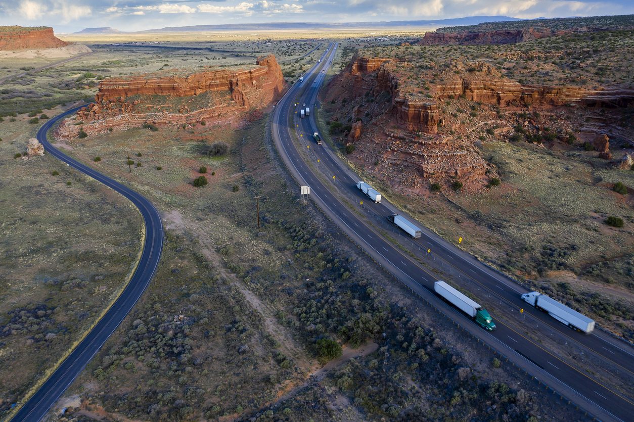 Aerial view of trucks on an interstate highway