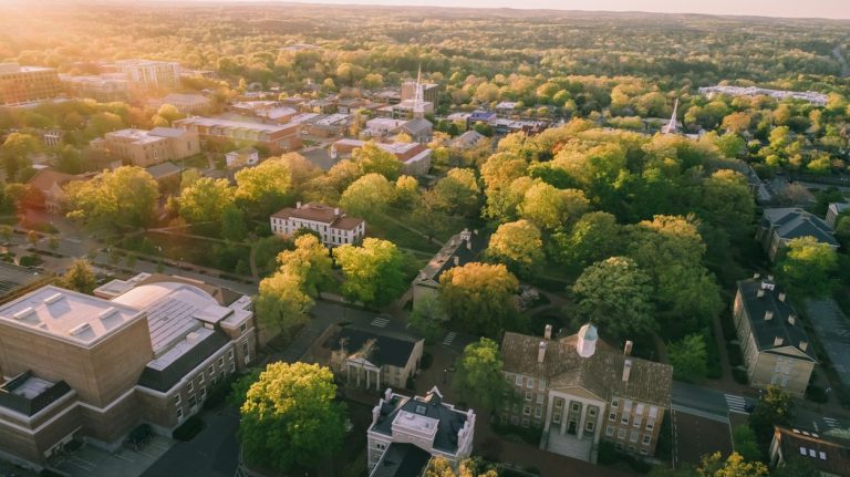 Aerial view of the University of North Carolina campus in spring