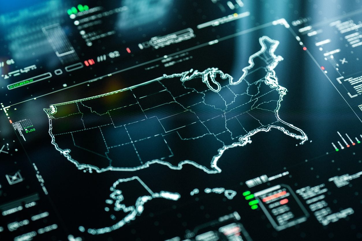 Digital map of the United States with route data