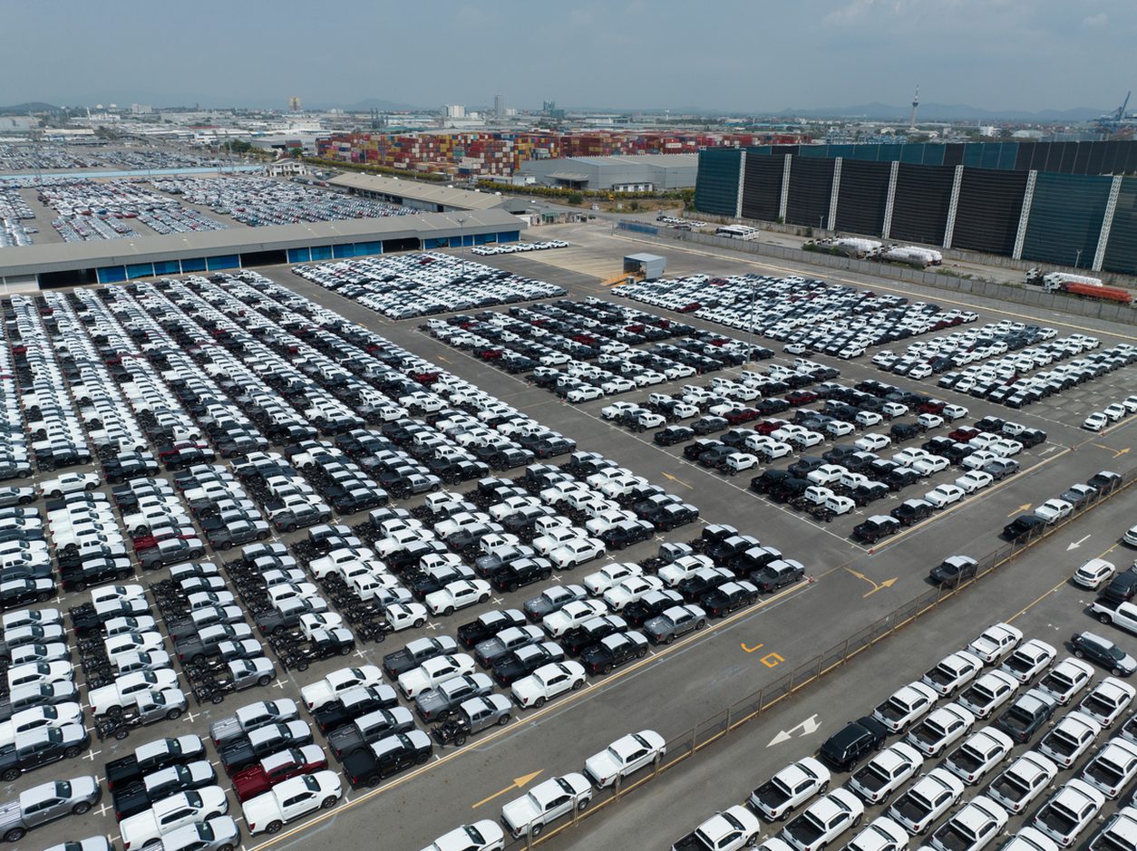 Aerial view of vehicles staged at a terminal lot