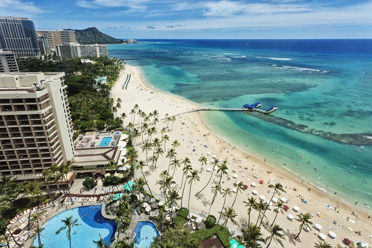 Aerial view of Waikiki beach and Diamond Head on Oahu