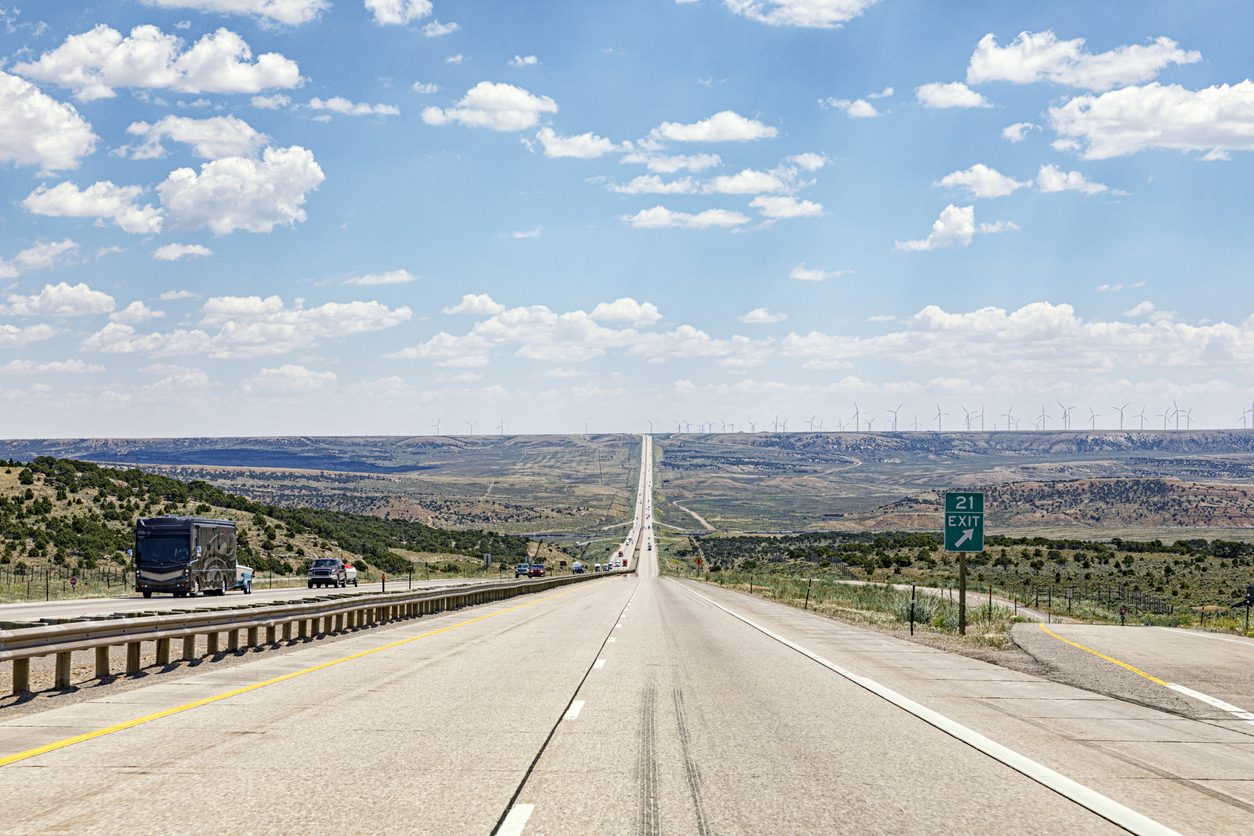 Interstate 80 crossing open country in Wyoming