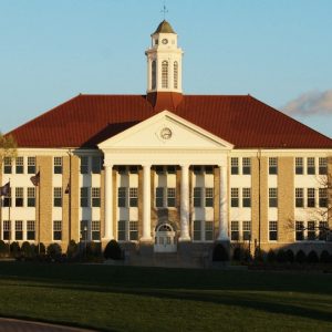 Wilson Hall at sunset on the James Madison University quad in Harrisonburg