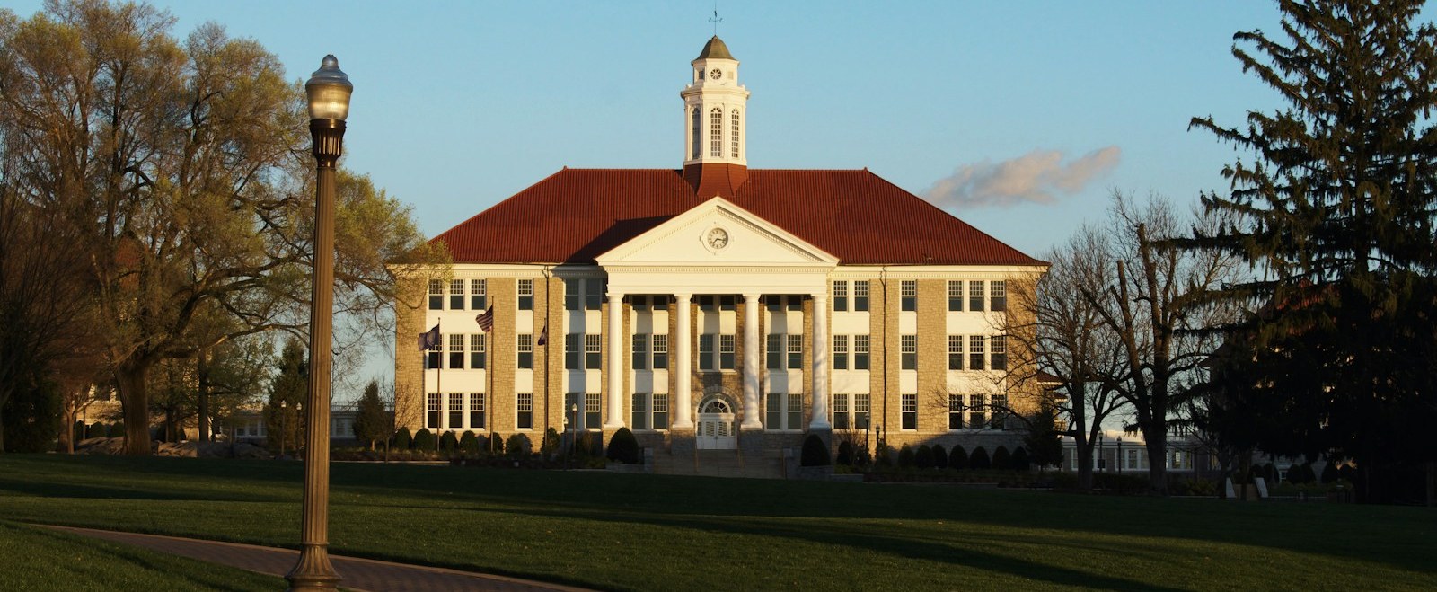 Wilson Hall at sunset on the James Madison University quad in Harrisonburg