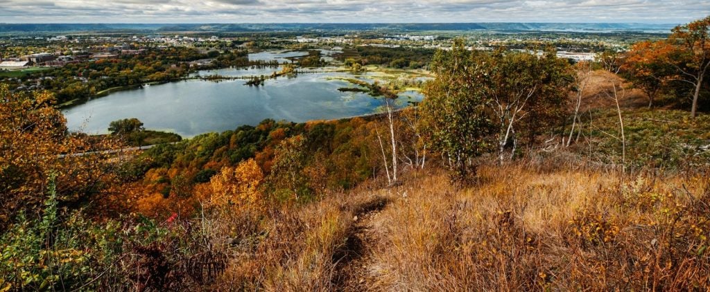 Autumn view over La Crosse and its Mississippi River lakes from the bluff top