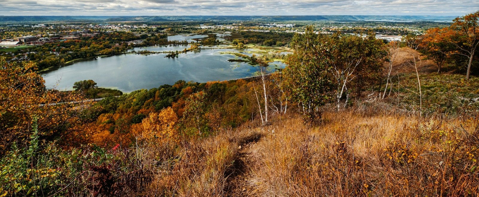 Autumn view over La Crosse and its Mississippi River lakes from the bluff top