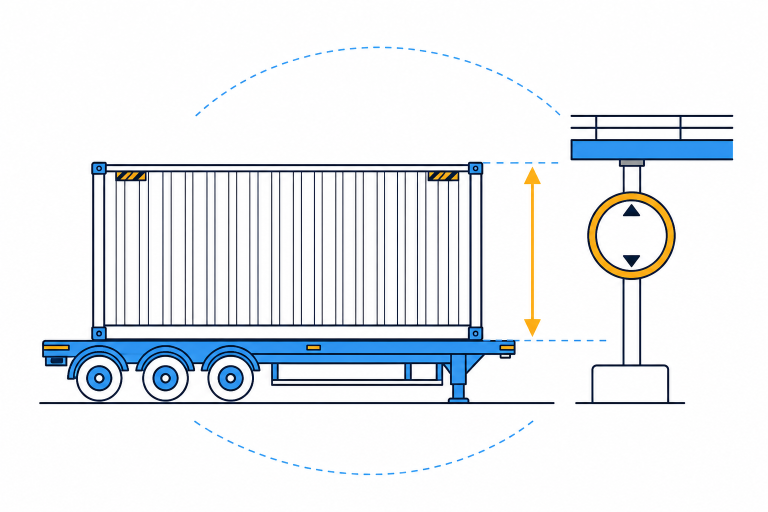 Illustration of a shipping container on a low trailer deck with a height measurement arrow beside a bridge clearance sign