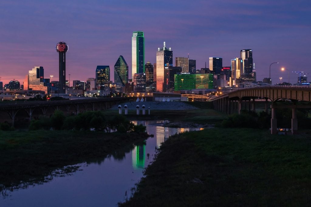 Downtown Dallas skyline at dusk from the Trinity River