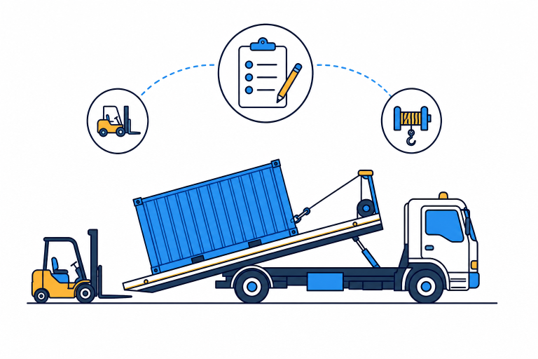 Illustration of a tilt bed truck winching a shipping container onto its deck with a forklift alongside and planning icons above